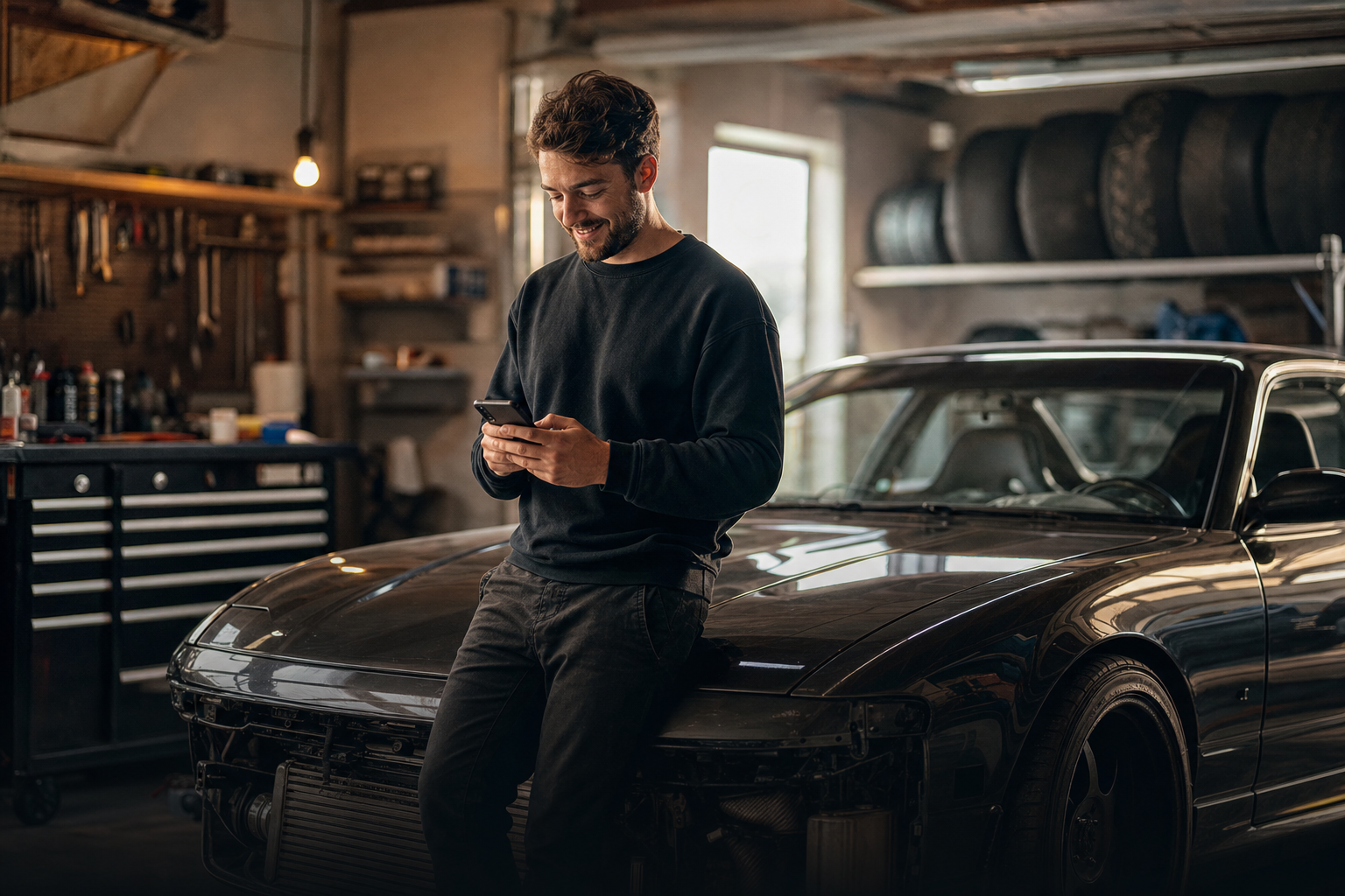 Car enthusiast in a home garage setting up their CarFlixer profile on a phone