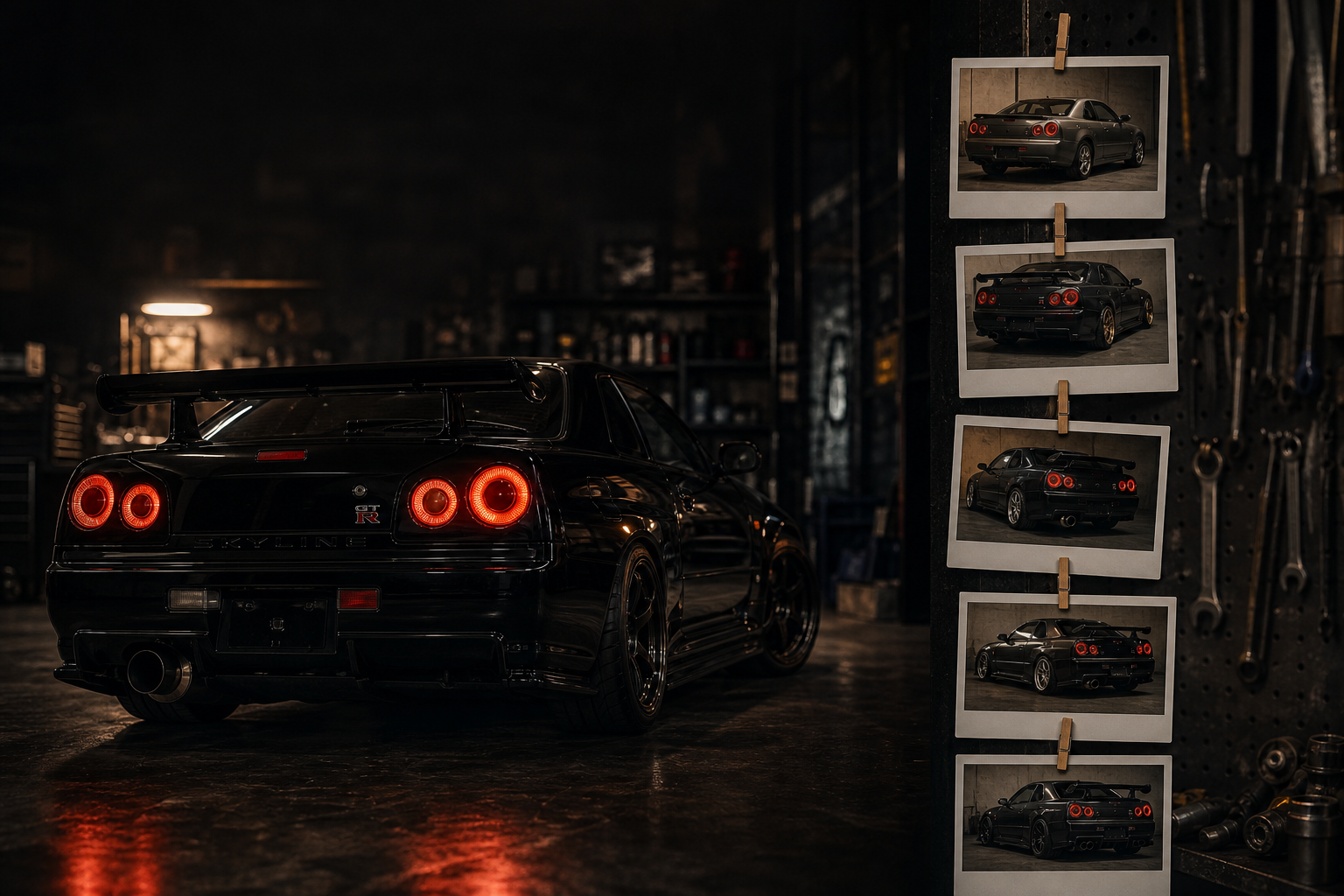 Polaroid build timeline on a pegboard beside a Nissan Skyline in a moody garage