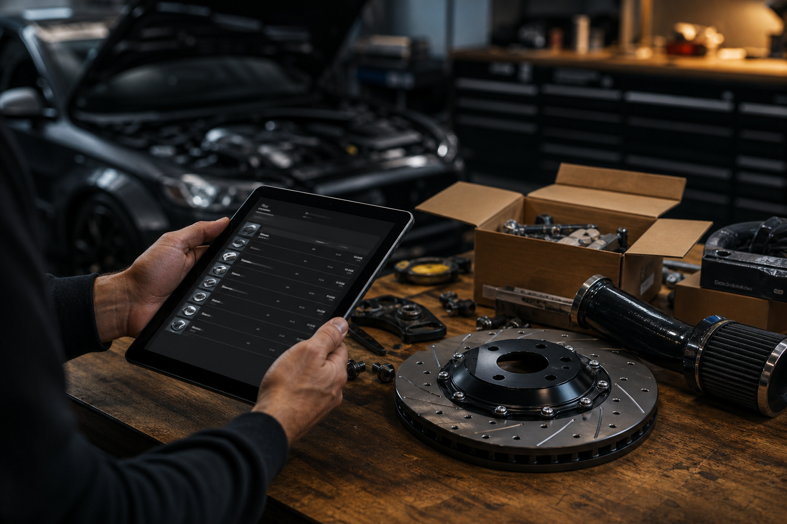 Workshop workbench with performance parts and a tablet used to log mod costs and progress