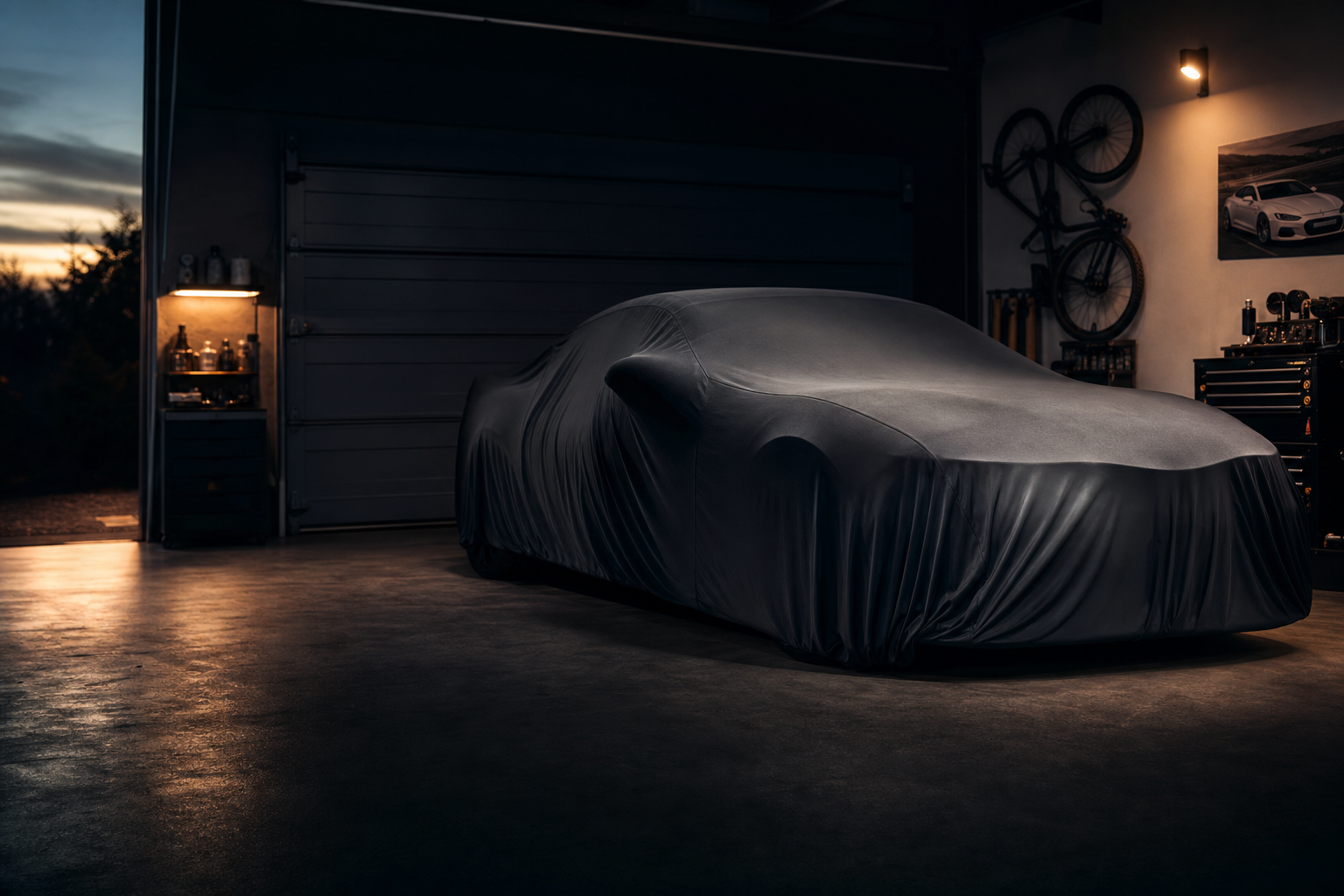 Performance car under a fitted cover in a private home garage with warm, discreet lighting