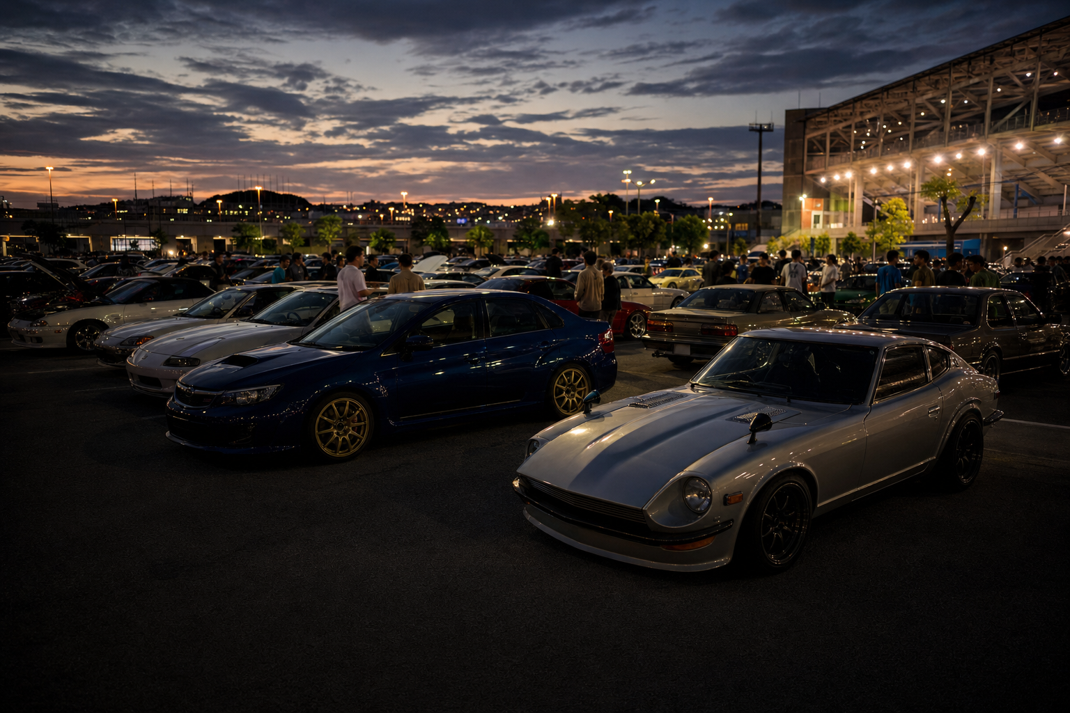 Car community gathering with modified vehicles