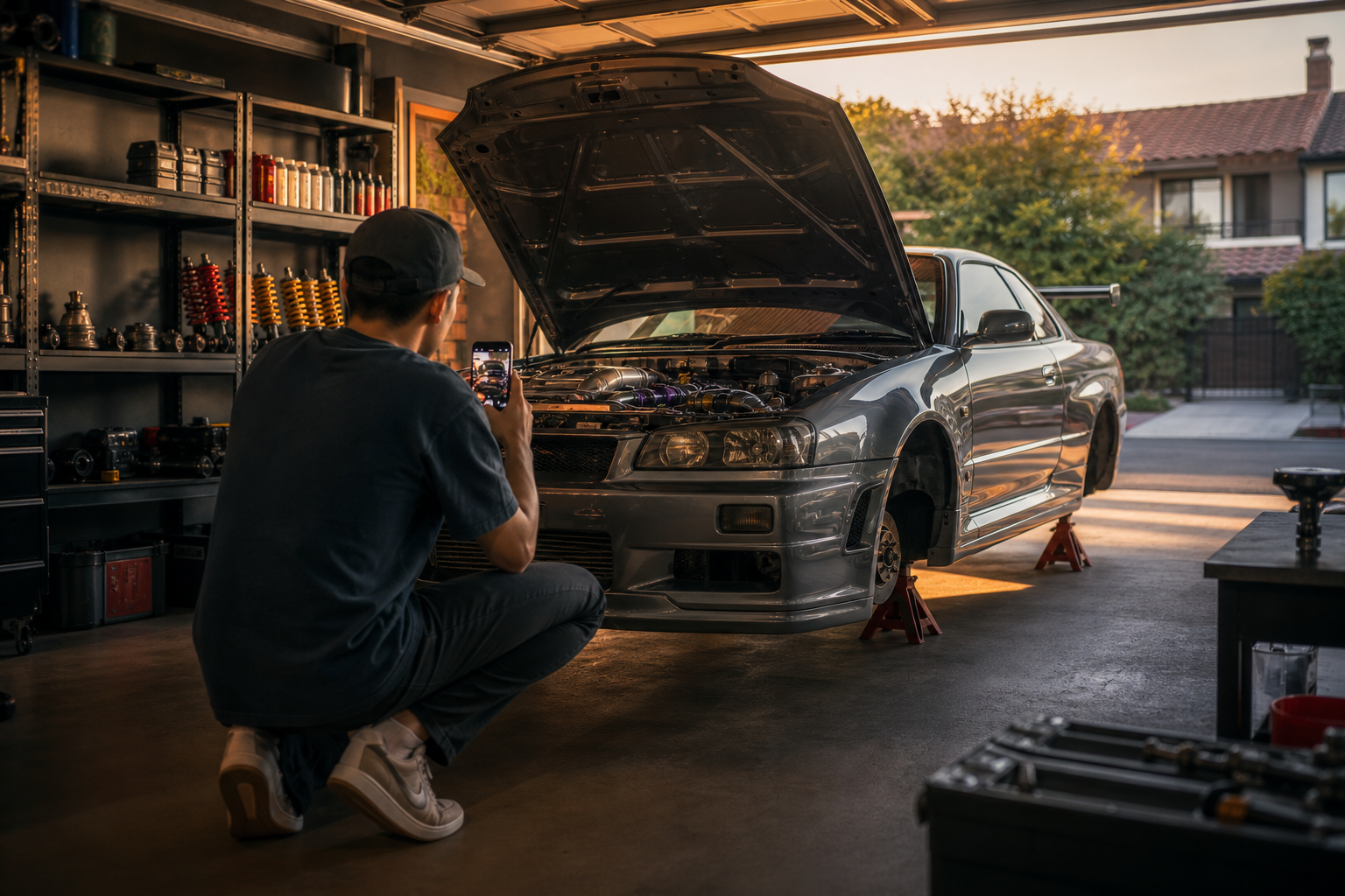 Enthusiast documenting a modified car build in a home garage